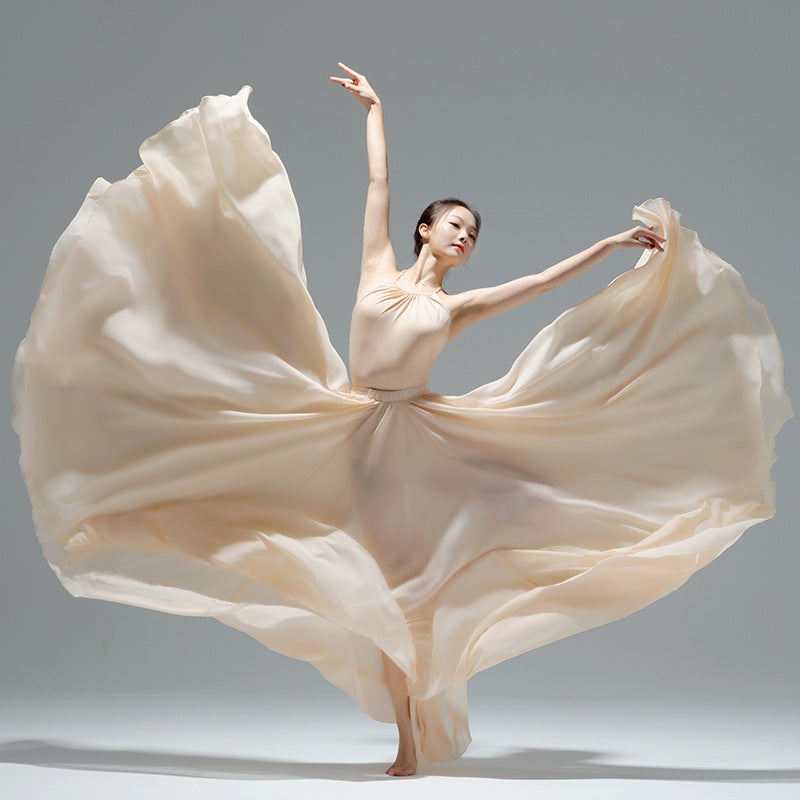 720° Double-Layer Chiffon Modern Dance Long Skirt Nude