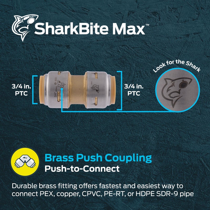SharkBite Max 3/4 Inch Coupling, Push to Connect Brass Plumbing Fitting, PEX Pipe, Copper, CPVC, PE-RT, HDPE, UR016A - Image 2