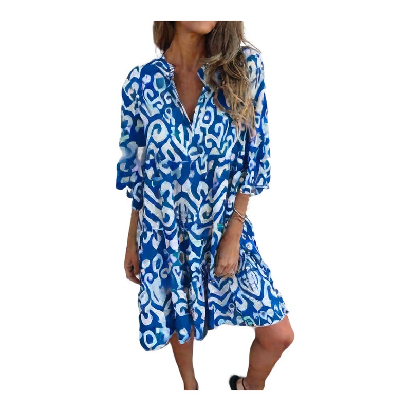 Women's V-Neck Printed Pleated Stretch Casual Dress - Image 1