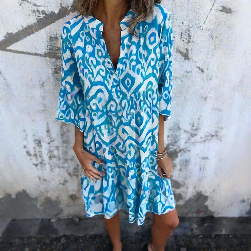 Women's V-Neck Printed Pleated Stretch Casual Dress - Image 2
