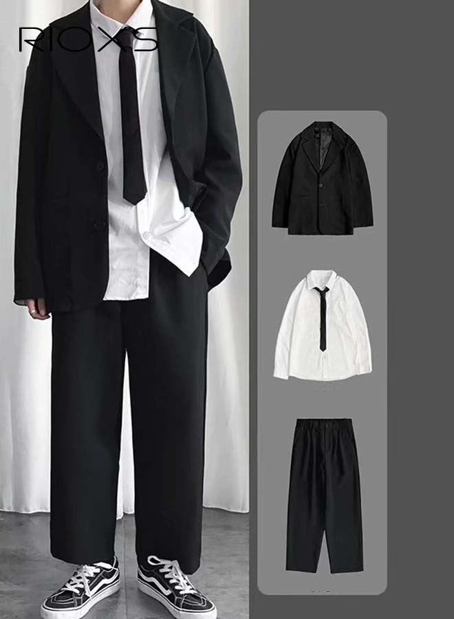 ريوكس 4 قطع بدلة بليزر رجالية، سترة بليزر فضفاضة بأزرارين، بنطلون بليزر طويل مستقيم، قميص أبيض بأكمام طويلة وياقة وربطة عنق سوداء، بدلة رجالية لحفلات التخرج أو حفلات العمل أو للارتداء اليومي - Image 2