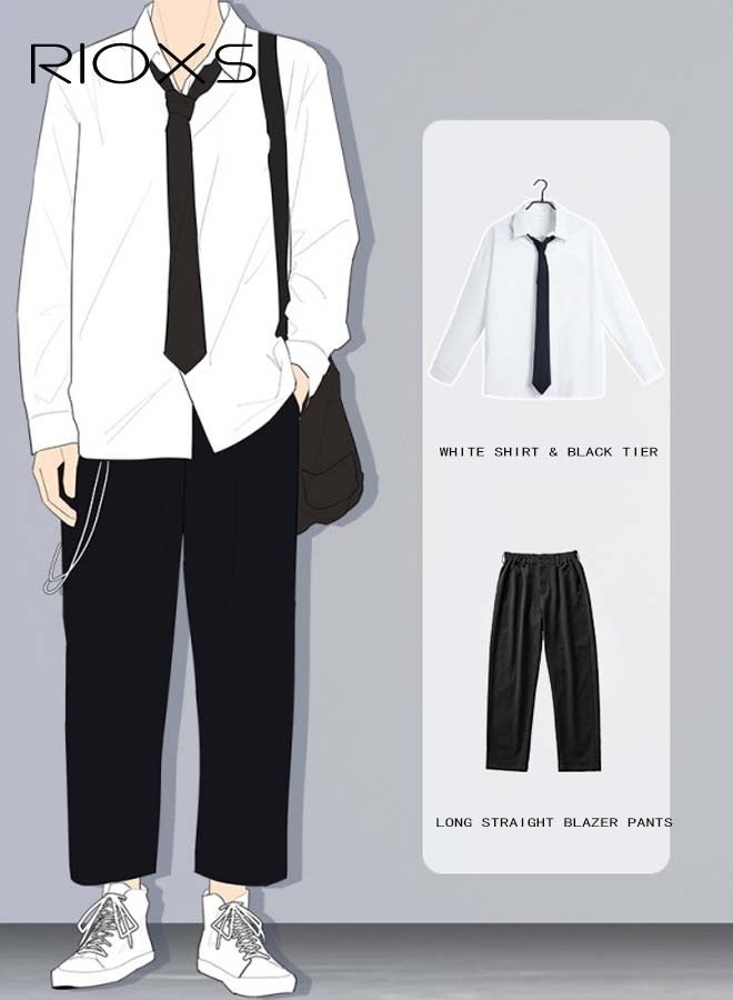 ريوكس 4 قطع بدلة بليزر رجالية، سترة بليزر فضفاضة بأزرارين، بنطلون بليزر طويل مستقيم، قميص أبيض بأكمام طويلة وياقة وربطة عنق سوداء، بدلة رجالية لحفلات التخرج أو حفلات العمل أو للارتداء اليومي - Image 3