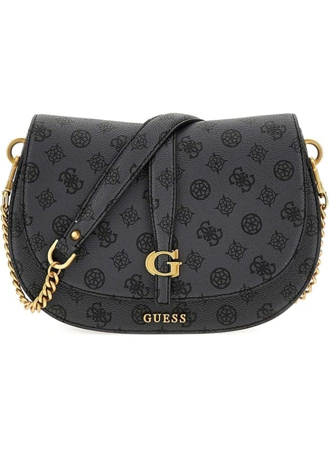 GUESS Women Kuba Tri Compartment Flap Shoulder Bag – Charcoal Logo Crossbody - Image 1