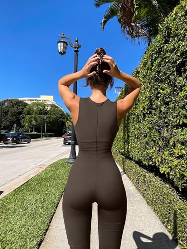 OQQ Women Yoga Jumpsuits Ribbed Crew Neck Sleeveless Bell Bottoms Flare Jumpsuits Darkbrown - Image 3