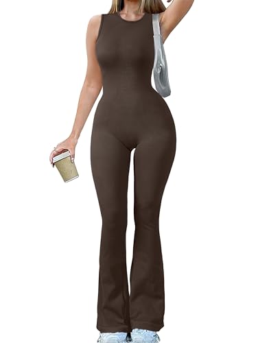 OQQ Women Yoga Jumpsuits Ribbed Crew Neck Sleeveless Bell Bottoms Flare Jumpsuits Darkbrown - Image 1