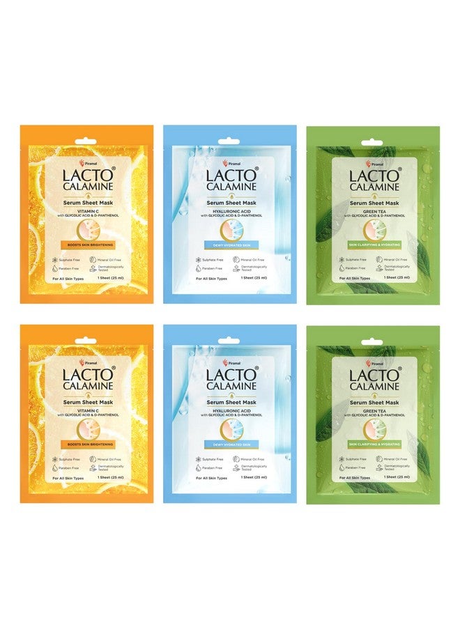 Lacto Calamine Face Sheet Masks | 180g (Pack of 6) Combo Pack | Face Sheet Masks with Vitamin C Serum, Hyaluronic Acid Serum & Green Tea Full Face Masks | Brightening, Hydrating, & Clarifying - Image 1