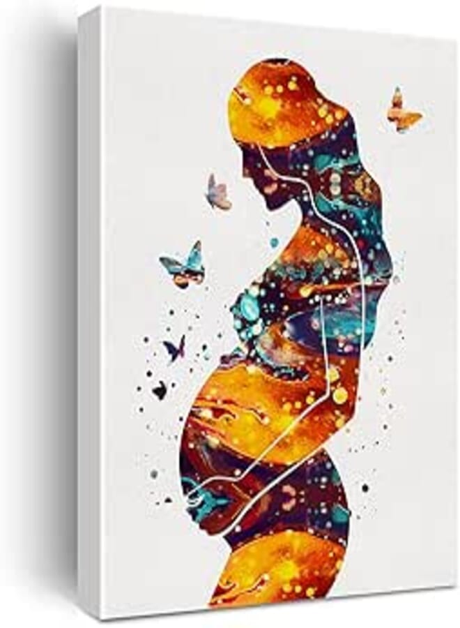 Nvhai Watercolor Pregnancy Art Canvas Painting Pregnant Woman With Child Prints Medical Art for Home Living Room Wall Decor Framed Obstetrics Artwork Gifts(12x15 Inch)