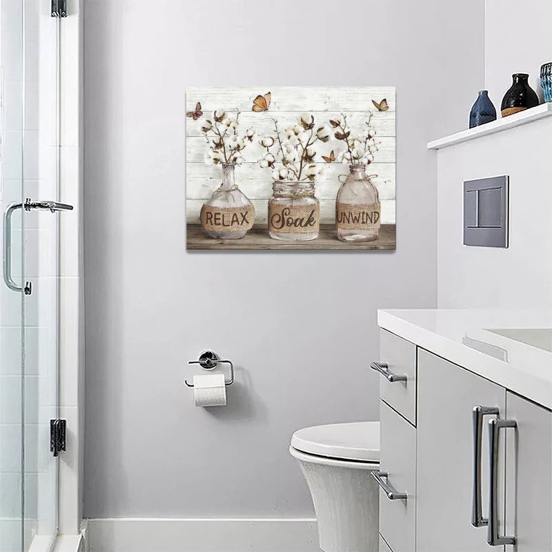 Tijuboni Farmhouse Bathroom Decor Wall Art Rustic Cotton Flower Pictures Canvas Prints Country Relax Soak Unwind Bathroom Sign Butterfly Artwork Modern Home Decor Ready to Hang 12"x16" - Image 2