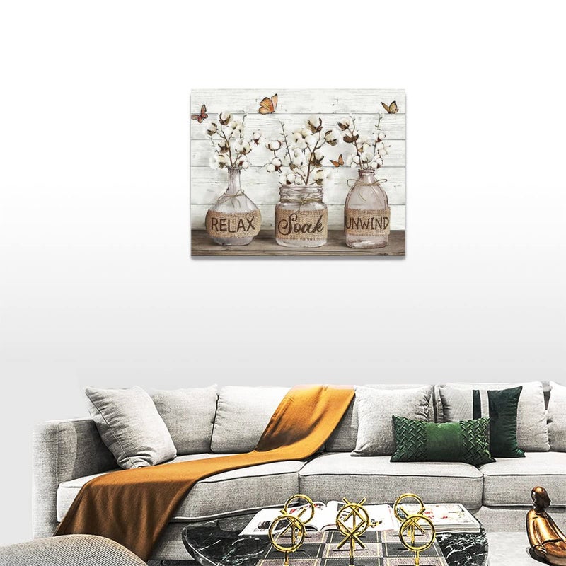 Tijuboni Farmhouse Bathroom Decor Wall Art Rustic Cotton Flower Pictures Canvas Prints Country Relax Soak Unwind Bathroom Sign Butterfly Artwork Modern Home Decor Ready to Hang 12"x16" - Image 5