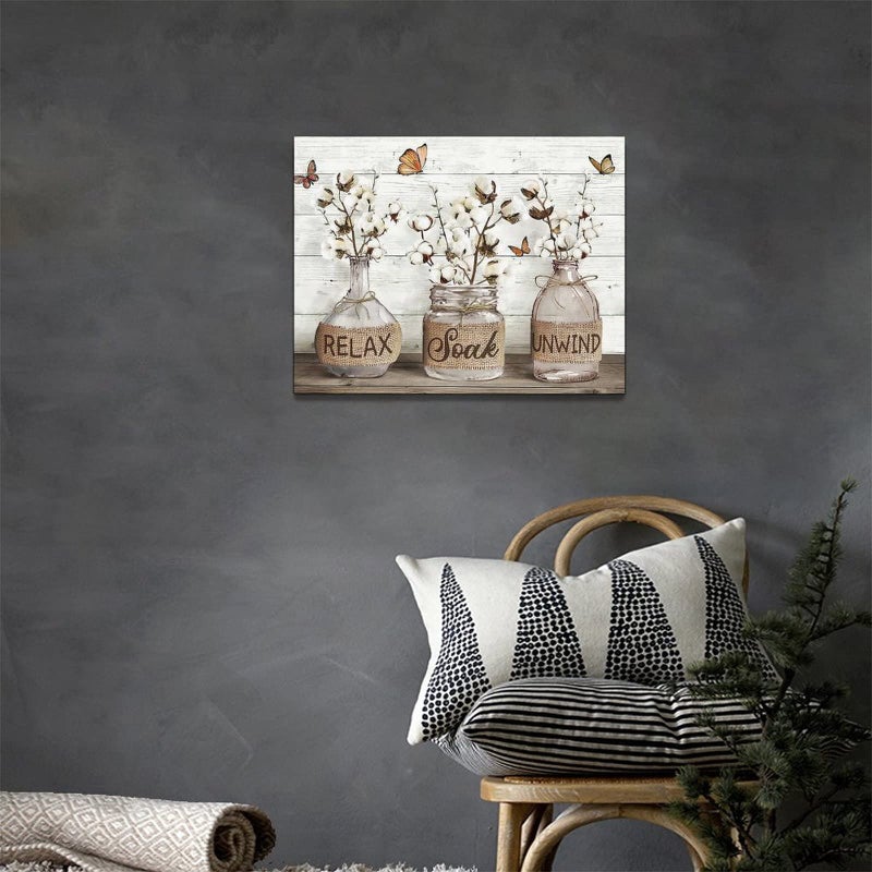 Tijuboni Farmhouse Bathroom Decor Wall Art Rustic Cotton Flower Pictures Canvas Prints Country Relax Soak Unwind Bathroom Sign Butterfly Artwork Modern Home Decor Ready to Hang 12"x16" - Image 3