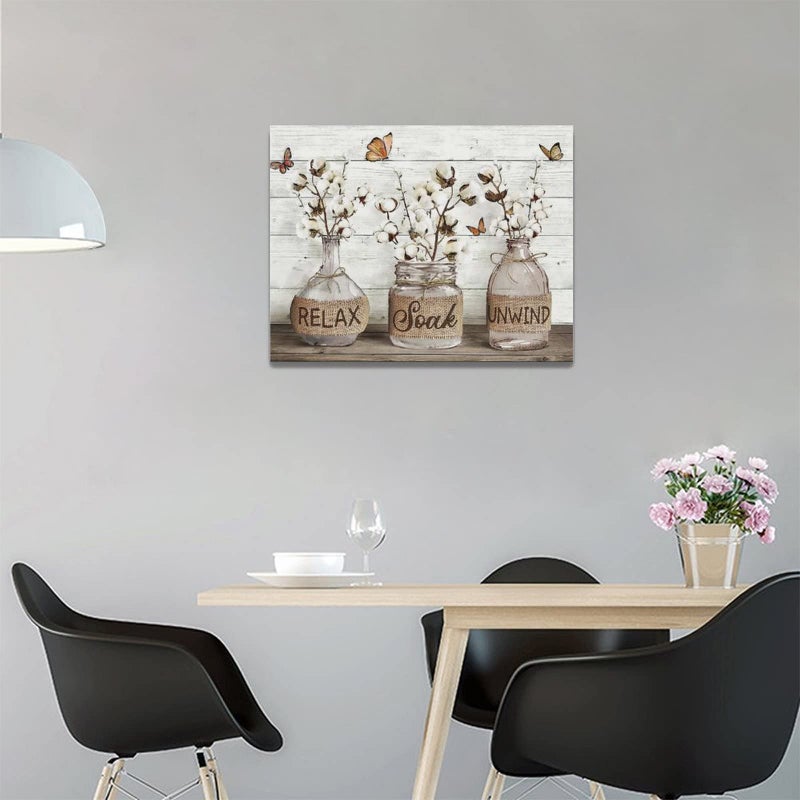 Tijuboni Farmhouse Bathroom Decor Wall Art Rustic Cotton Flower Pictures Canvas Prints Country Relax Soak Unwind Bathroom Sign Butterfly Artwork Modern Home Decor Ready to Hang 12"x16" - Image 4