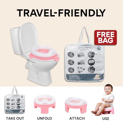 Infantso (2-in-1) Baby Potty Training Seat for 1 + Year Child, Foldable Potty Seat with Detachable Potty Bowl & trash bags, Potty training of Boys & Girls, Fits Round & Oval Western Toilets (Pink) - Image 3