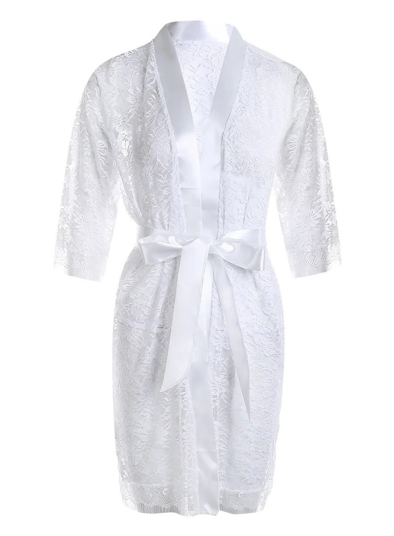 VITION ملابس داخلية للفتيات والنساء بيبي دول ملابس نوم لشهر العسل ملابس داخلية من الدانتيل ومعطف داخلي وملابس نوم وملابس نوم شبكية طويلة ومجموعة ملابس نوم (XL) أبيض - Image 1