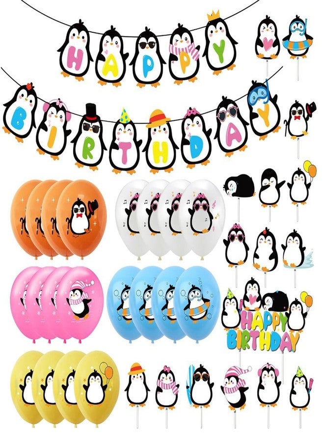 Uniquer Penguin Theme Birthday Party Decoration, Happy Birthday Penguin Banner Latex Balloons Cake Topper, Party Supplies - Image 1