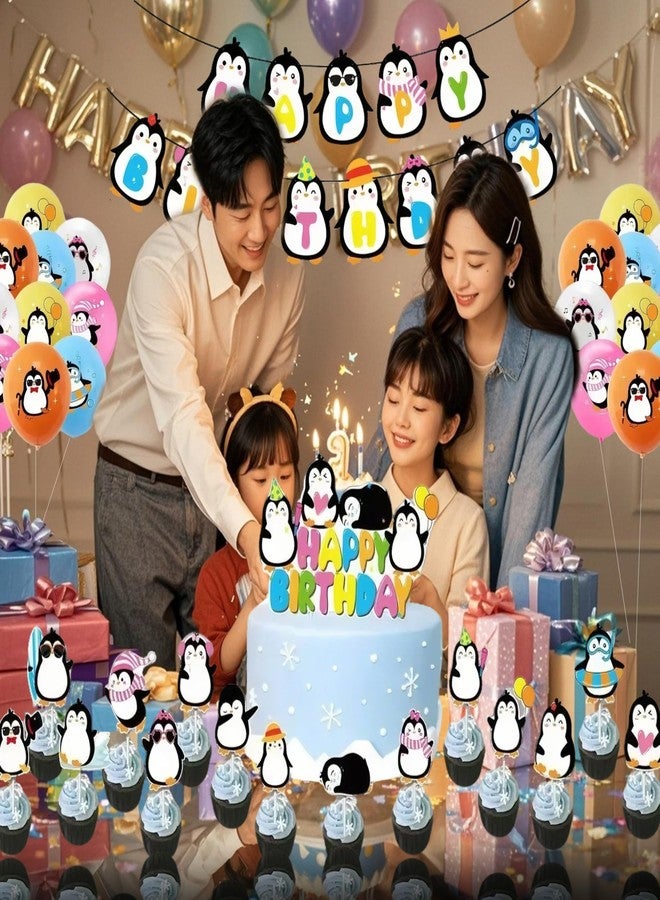 Uniquer Penguin Theme Birthday Party Decoration, Happy Birthday Penguin Banner Latex Balloons Cake Topper, Party Supplies - Image 3