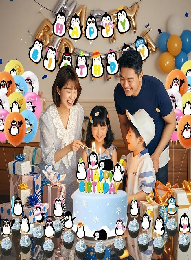 Uniquer Penguin Theme Birthday Party Decoration, Happy Birthday Penguin Banner Latex Balloons Cake Topper, Party Supplies - Image 2
