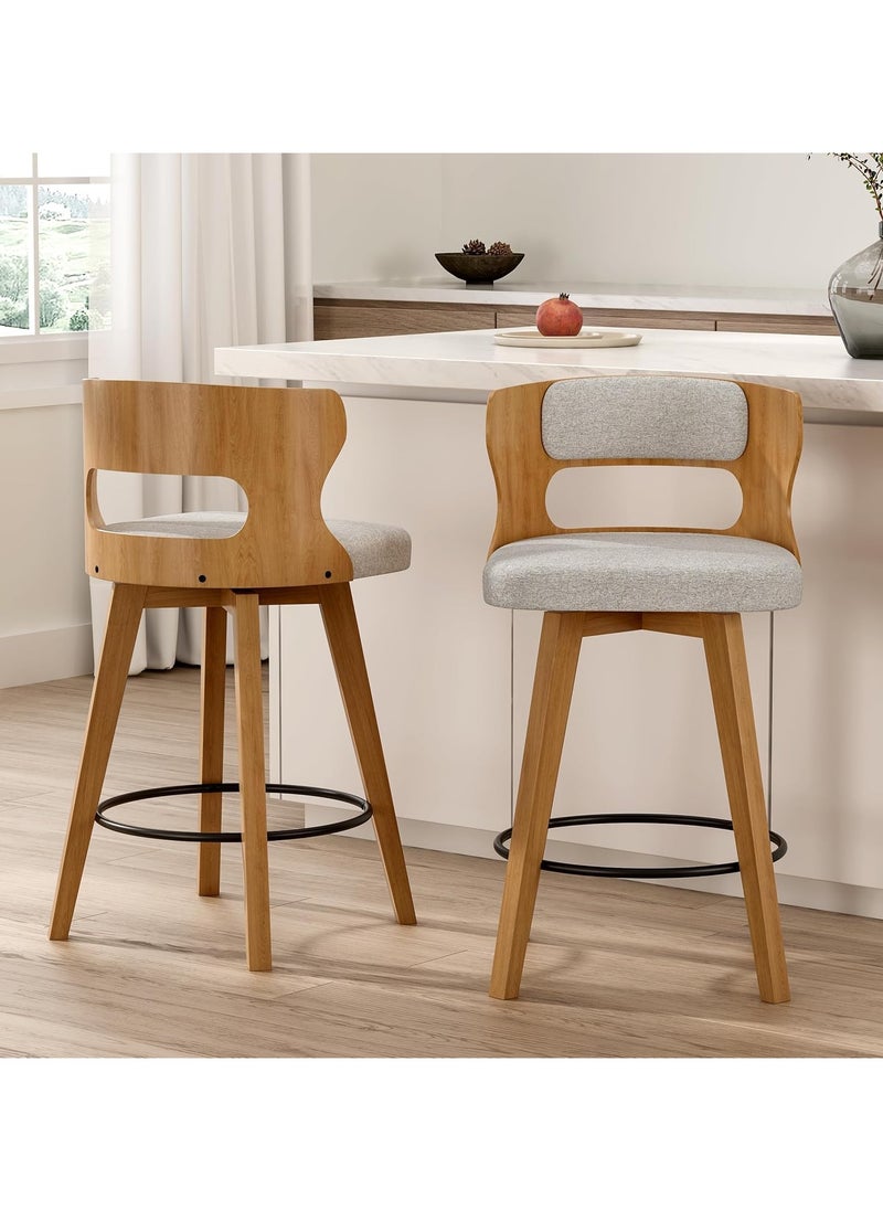 Chogori Swivel Barstools Set of 2, 26'' Seat Counter Height Bar Dining Chairs with Back, Modern Wood Island Kitchen Chairs with Metal Footrest and Solid Bent Wood Legs, Fabric Barstools  - Image 1
