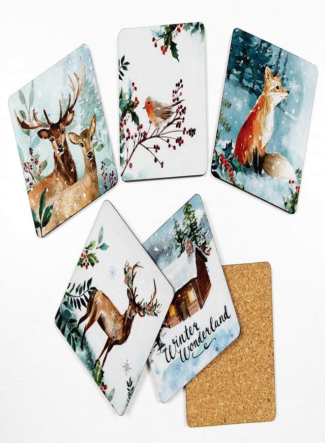 Inkdotpot Set of 6 Drink Coasters Decorative Non,Slip Cork Base 4-inch Square Printed Coasters Easy Clean- Winter Wonderland - Image 2