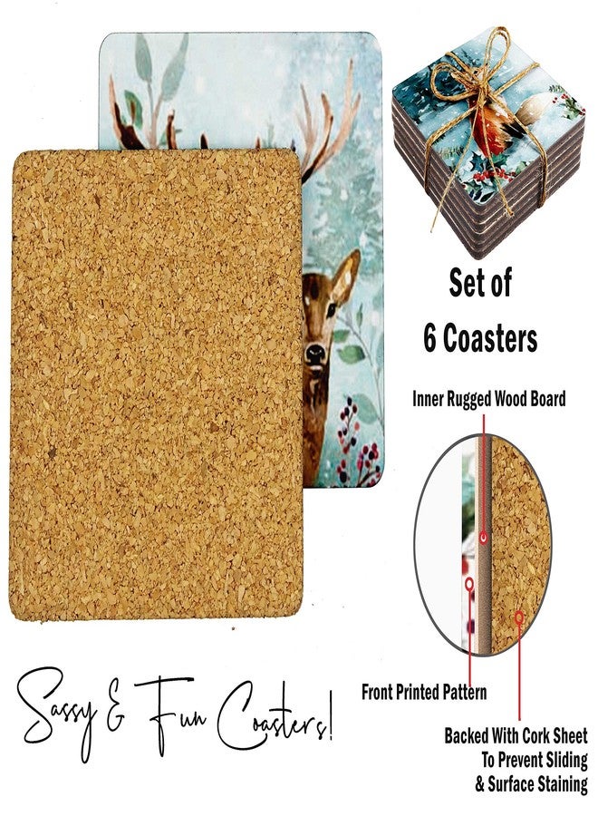 Inkdotpot Set of 6 Drink Coasters Decorative Non,Slip Cork Base 4-inch Square Printed Coasters Easy Clean- Winter Wonderland - Image 4