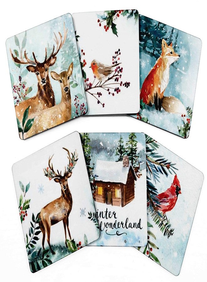 Inkdotpot Set of 6 Drink Coasters Decorative Non,Slip Cork Base 4-inch Square Printed Coasters Easy Clean- Winter Wonderland - Image 1