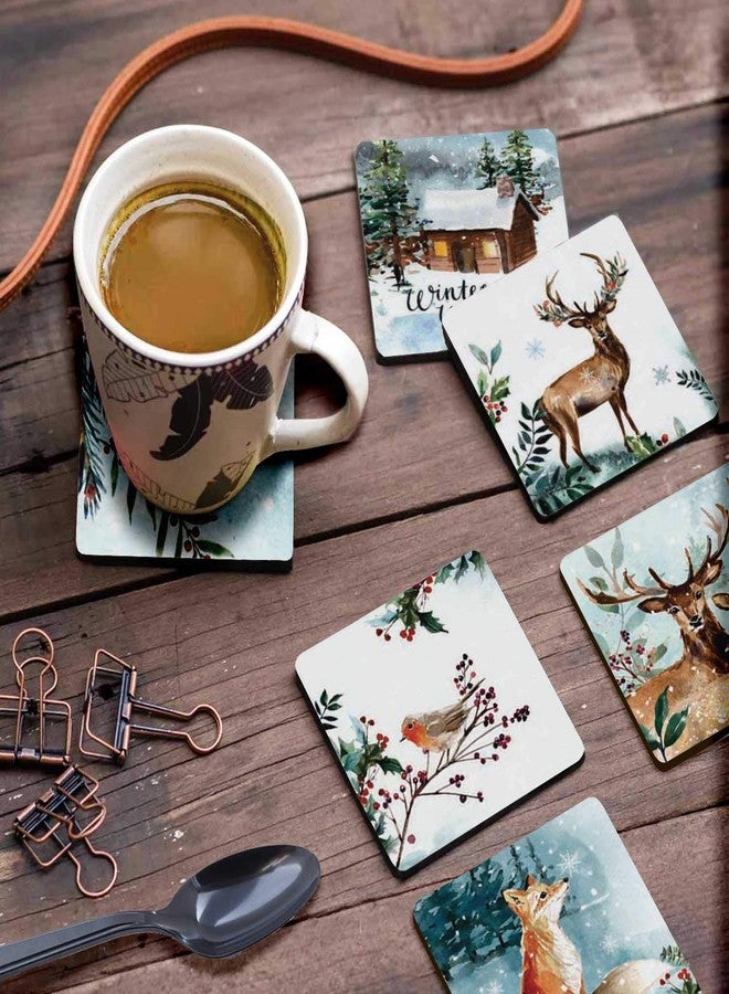 Inkdotpot Set of 6 Drink Coasters Decorative Non,Slip Cork Base 4-inch Square Printed Coasters Easy Clean- Winter Wonderland - Image 3