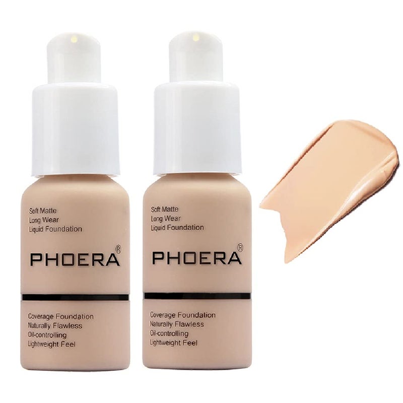 2 Pack PHOERA FoundationFlawless Soft Matte Liquid Foundation 24 HR Oil Control Concealer Foundation MakeupFull Coverage Foundation for Women and Girls 102 Nude