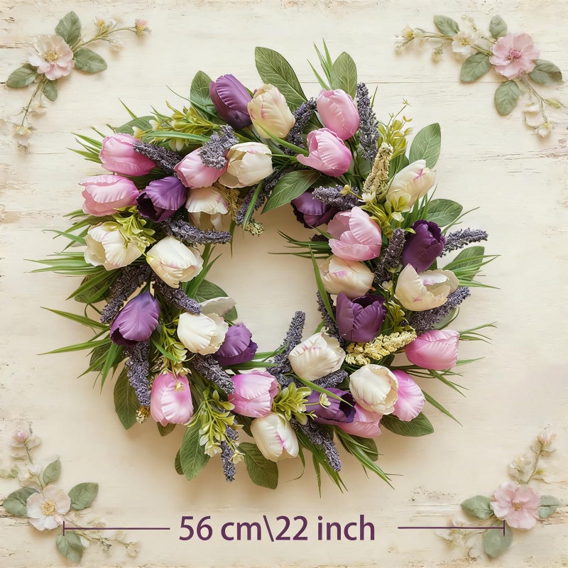 CIR OASES Spring/Summer Wreaths for Front Door,Purple Tulip Wreath for Decoration, 22 Inch Door Wreaths Indoor Outdoor for Party Holiday Farmhouse Wedding Home Wall Window Decor - Image 3