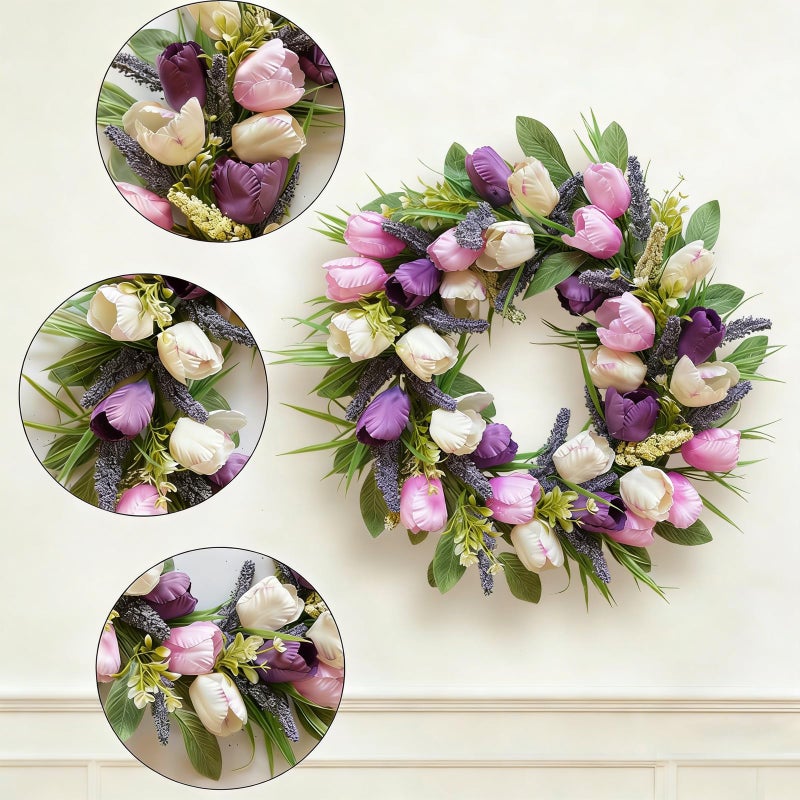 CIR OASES Spring/Summer Wreaths for Front Door,Purple Tulip Wreath for Decoration, 22 Inch Door Wreaths Indoor Outdoor for Party Holiday Farmhouse Wedding Home Wall Window Decor - Image 2