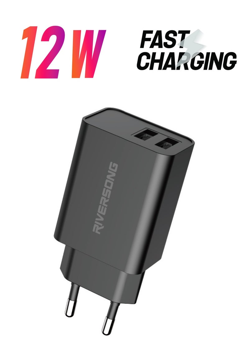 RIVERSONG RIVERSONG Wall Charger Dual Port 2.4A With 5K Bends Tested A To Lightning Cable, Black  - Image 1