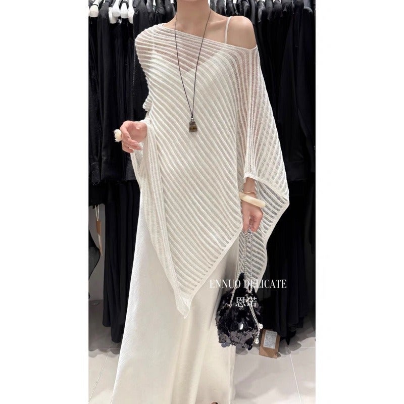 Qi Ta T627 Elegant Crochet Hollow Knit Cape Top - French Style, Relaxed Fit - Image 2
