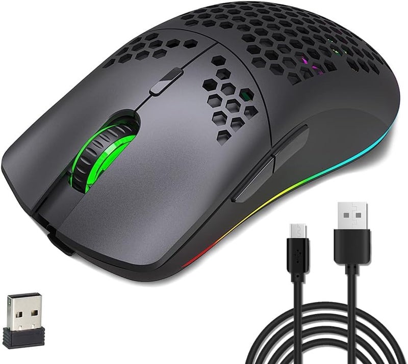Kueh Wireless Gaming Mouse, Lightweight Honeycomb Shell with Backlight, 6 Buttons 4 Speed Adjustable DPI Computer Mouse Rechargeable RGB Gaming for PC/Mac/Laptop Laptop PC, Ergonomic Shape - Image 1