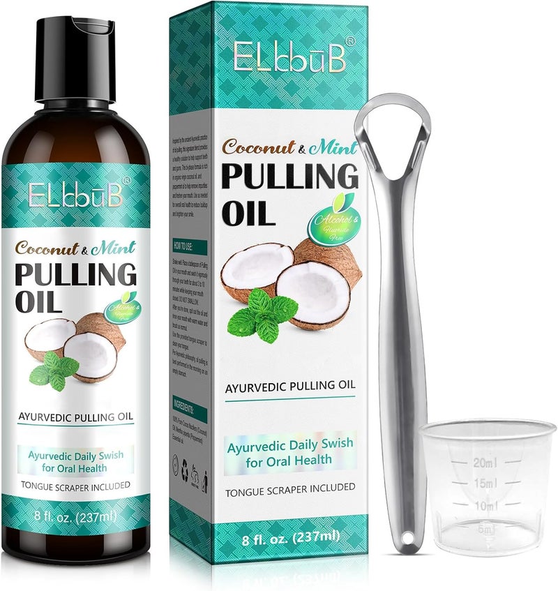 ELBBUB Coconut Pulling Oil - Ayurvedic Mint Oil Pulling Mouthwash with Tongue Scraper | Natural Essential Oils for Fresh Breath, Teeth Whitening & Healthy Gums | Alcohol-Free - Image 1