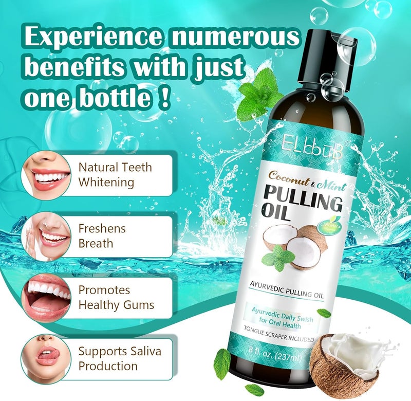 ELBBUB Coconut Pulling Oil - Ayurvedic Mint Oil Pulling Mouthwash with Tongue Scraper | Natural Essential Oils for Fresh Breath, Teeth Whitening & Healthy Gums | Alcohol-Free - Image 2