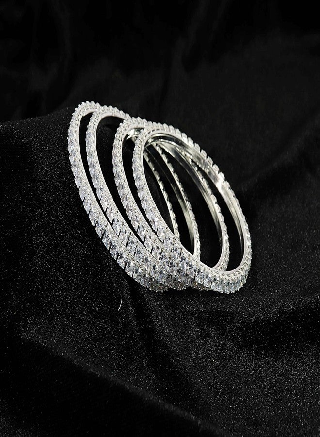 LAVAZZA Premium Metal CZ American Diamond Bangles For Women & Girls | AD Bangles Jewellery Set | Diamond Kada For Women | White Stone Bangles Set | Gold Plated Bangles-(RKM1-100783-Silver-2.6) - Image 2