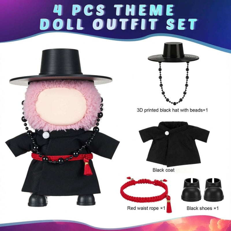 Simgoing 17cm Dolls Clothes Outfit Set, 5 Pcs Kpop Anime Costume, Black Top Hat & Hanfu Coat Robe, Waist Rope, Shoes 17cm Doll Accessories for Display Collection Kpop Singing Fans Gift - Image 3