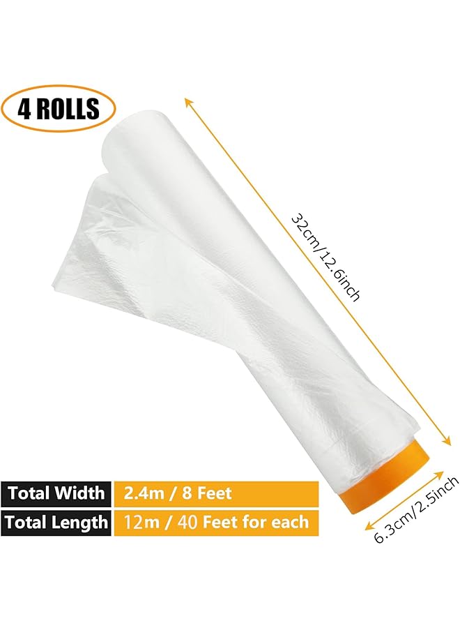 erorex 4 Rolls Plastic Dust Sheets For Decorating 12M X 240M Waterproof Masking Film Rolls Pre Taped Plastic Drop Film For Painting Furniture Covering - Image 2