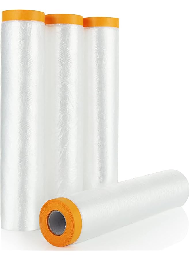 erorex 4 Rolls Plastic Dust Sheets For Decorating 12M X 240M Waterproof Masking Film Rolls Pre Taped Plastic Drop Film For Painting Furniture Covering - Image 1