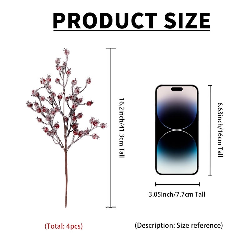 Kunjocy 4 Pieces Artificial Red Berry Stems Christmas Frosted Berries Branches Twigs Snowy Berry Picks Holly Sprays for Christmas Tree Vase Fillers Decorations Winter Holiday Arrangement Home Decor (4  Red) - Image 4