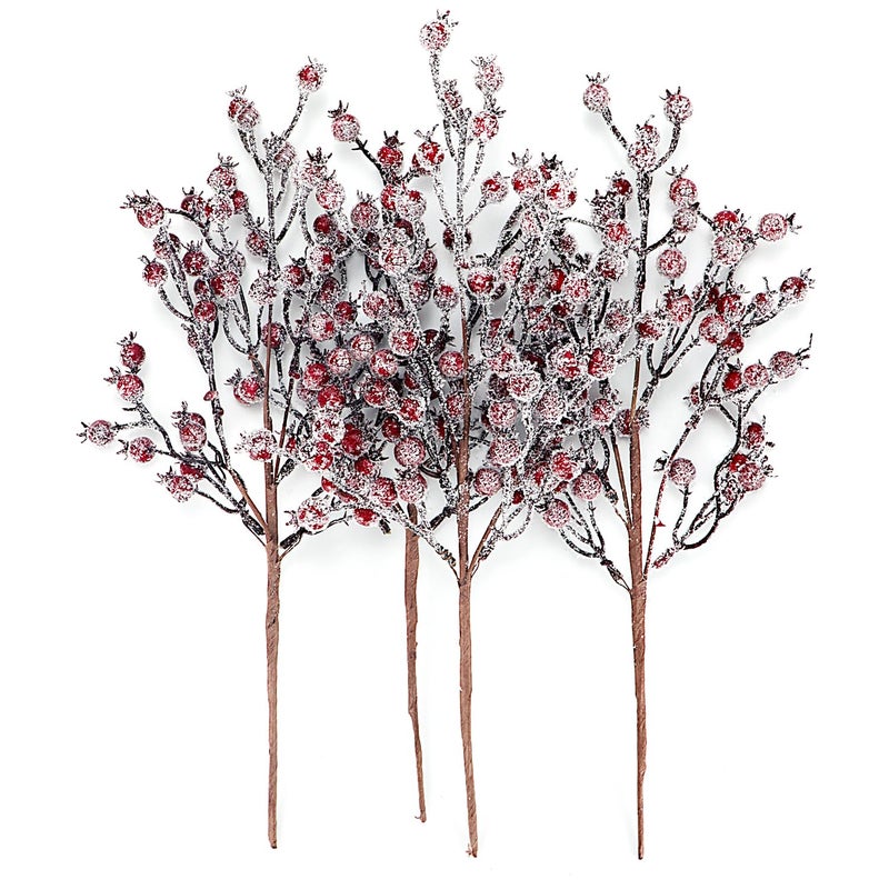Kunjocy 4 Pieces Artificial Red Berry Stems Christmas Frosted Berries Branches Twigs Snowy Berry Picks Holly Sprays for Christmas Tree Vase Fillers Decorations Winter Holiday Arrangement Home Decor (4  Red) - Image 3