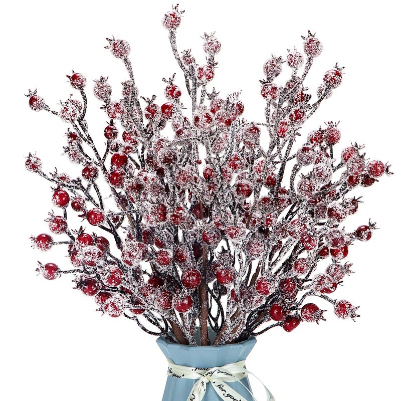 Kunjocy 4 Pieces Artificial Red Berry Stems Christmas Frosted Berries Branches Twigs Snowy Berry Picks Holly Sprays for Christmas Tree Vase Fillers Decorations Winter Holiday Arrangement Home Decor (4  Red) - Image 1