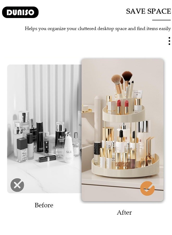DUNISO منظم مكياج دوار بطبقتين، صندوق تخزين دوار بزاوية 360°، منظم سطح الحمام بسعة كبيرة، تخزين مستحضرات التجميل ومنظم الحمام للعناية بالبشرة، العطور، الجمال، المكياج، أحمر الشفاه، الفرش - Image 3