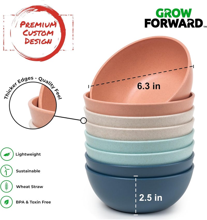 Grow Forward Premium Wheat Straw Bowls - 27oz Microwave Safe Plastic Cereal Bowls Set of 8 for Kitchen, Camping, RV, Dessert, Snack, Soup, Salad, Fruit - Reusable, Unbreakable & BPA Free - Tropical - Image 3