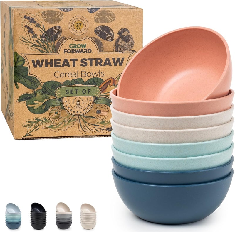 Grow Forward Premium Wheat Straw Bowls - 27oz Microwave Safe Plastic Cereal Bowls Set of 8 for Kitchen, Camping, RV, Dessert, Snack, Soup, Salad, Fruit - Reusable, Unbreakable & BPA Free - Tropical - Image 1