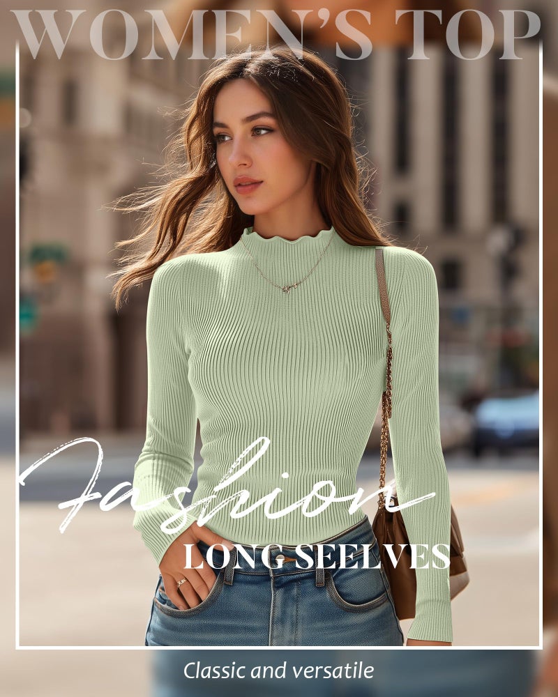 Riyiper 4 Pack Cotton Women's Mock Turtleneck Long Sleeve Tops Ribbed Lettuce Trim Slim Fit Basic Shirts Thermal Base Layer(Light Blue, Light Green, Light Pink, Light Gray,Medium) - Image 3