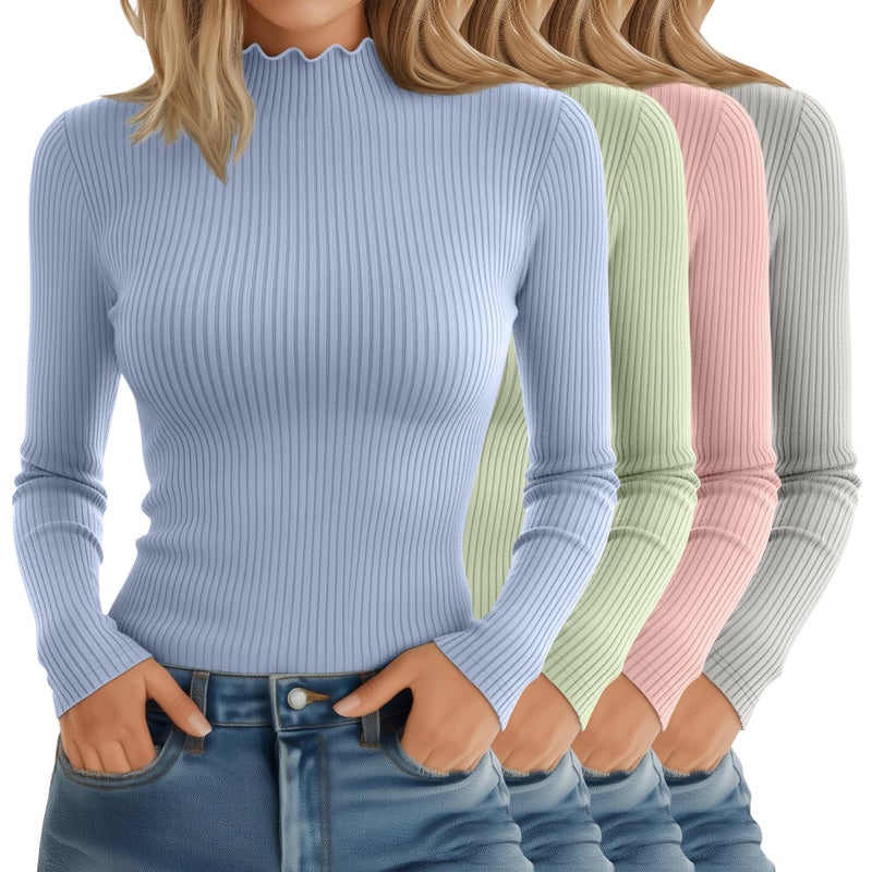 Riyiper 4 Pack Cotton Women's Mock Turtleneck Long Sleeve Tops Ribbed Lettuce Trim Slim Fit Basic Shirts Thermal Base Layer(Light Blue, Light Green, Light Pink, Light Gray,Medium) - Image 1