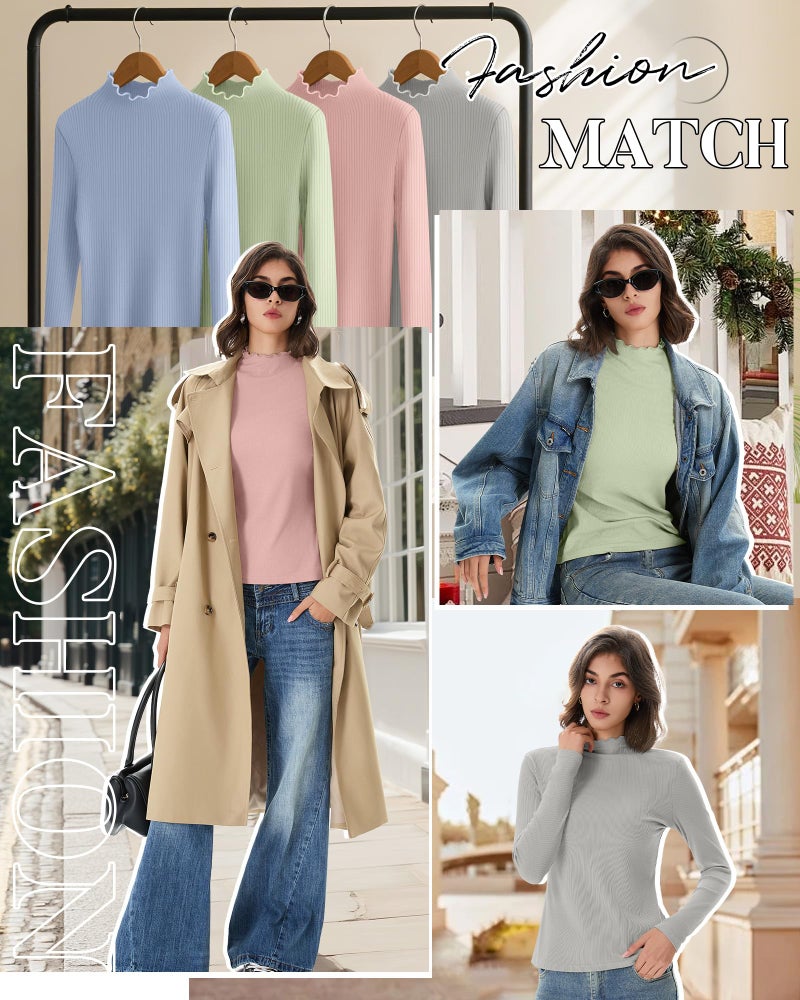 Riyiper 4 Pack Cotton Women's Mock Turtleneck Long Sleeve Tops Ribbed Lettuce Trim Slim Fit Basic Shirts Thermal Base Layer(Light Blue, Light Green, Light Pink, Light Gray,Medium) - Image 5