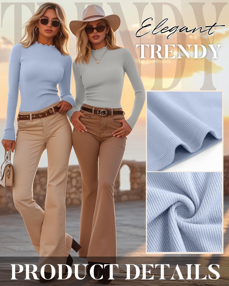 Riyiper 4 Pack Cotton Women's Mock Turtleneck Long Sleeve Tops Ribbed Lettuce Trim Slim Fit Basic Shirts Thermal Base Layer(Light Blue, Light Green, Light Pink, Light Gray,Medium) - Image 4