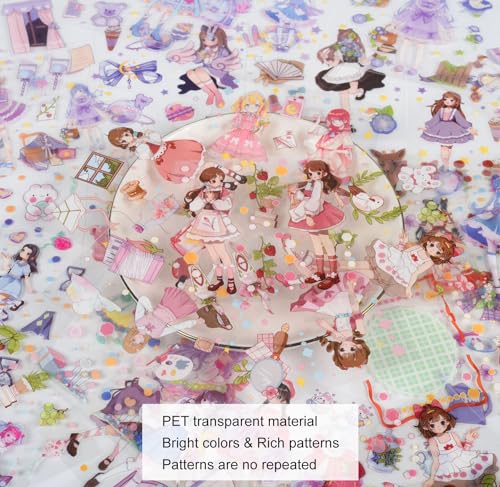 EAMOTOL 100 Sheets Kawaii Girls Stickers Kit for Journaling - Cute Sweet Cartoon PET Transparent Collage Scrapbooking Supplies Sticker Decal for Junk Journals Handbook Laptop Cards DIY Arts Crafts - Image 3