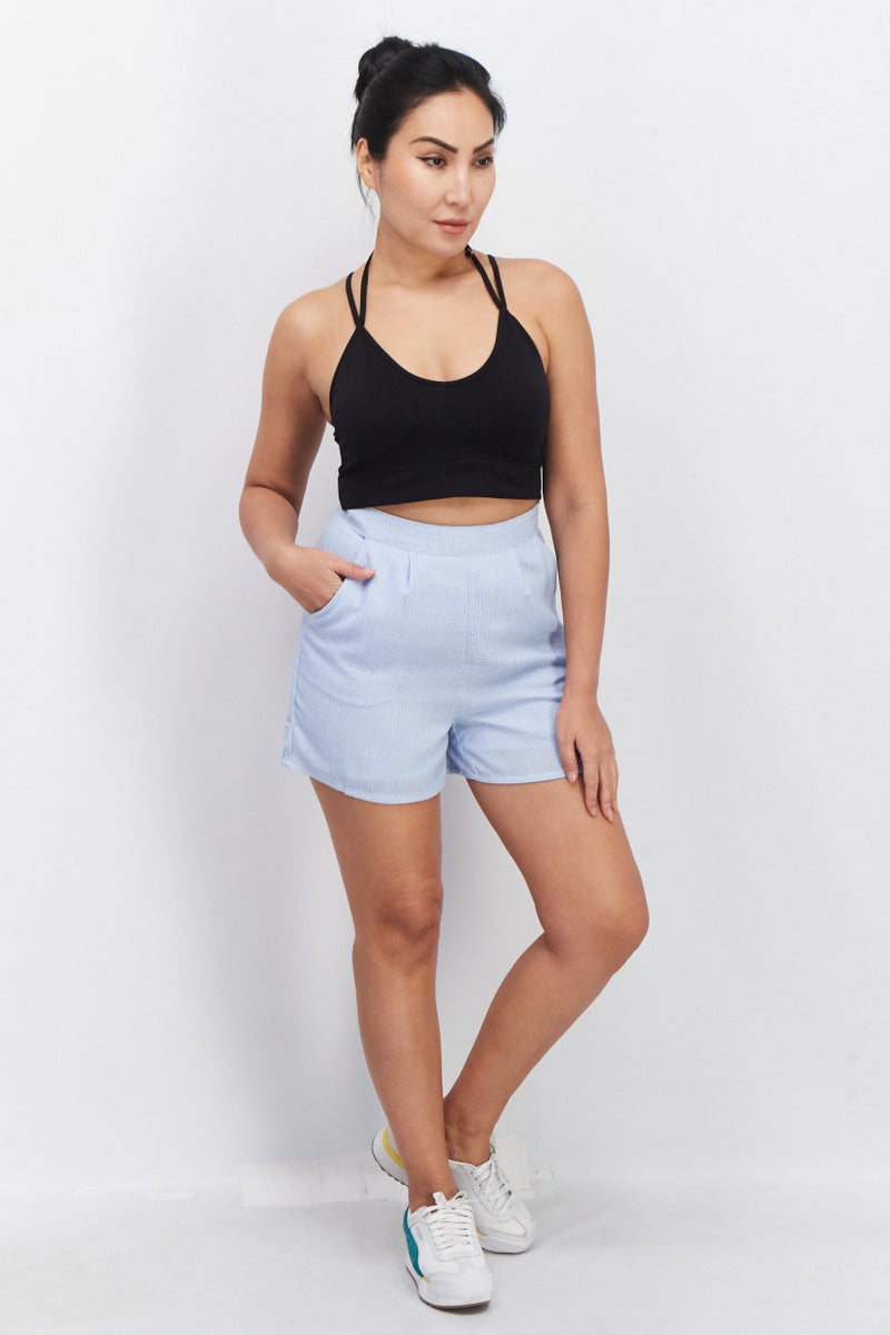 NA-KD Women Checkered Pull On Shorts, Light Blue - Image 2