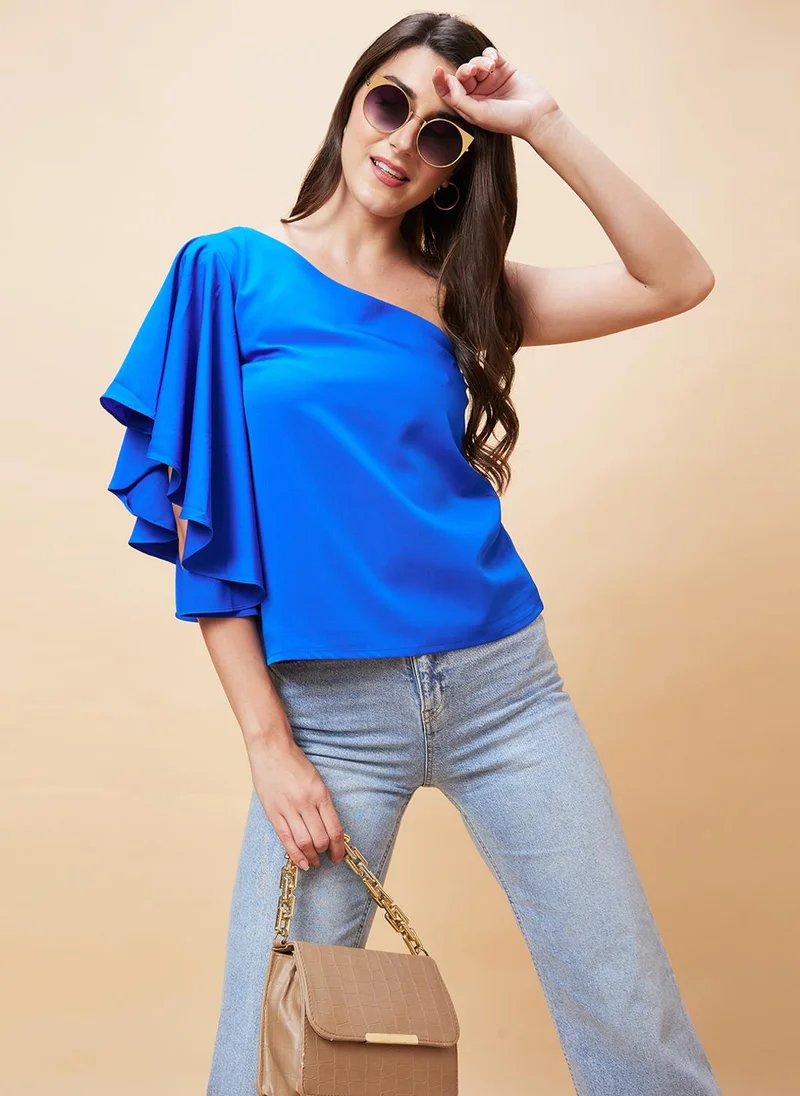 globus Globus Women Blue One Shoulder Flutter Sleeve Top